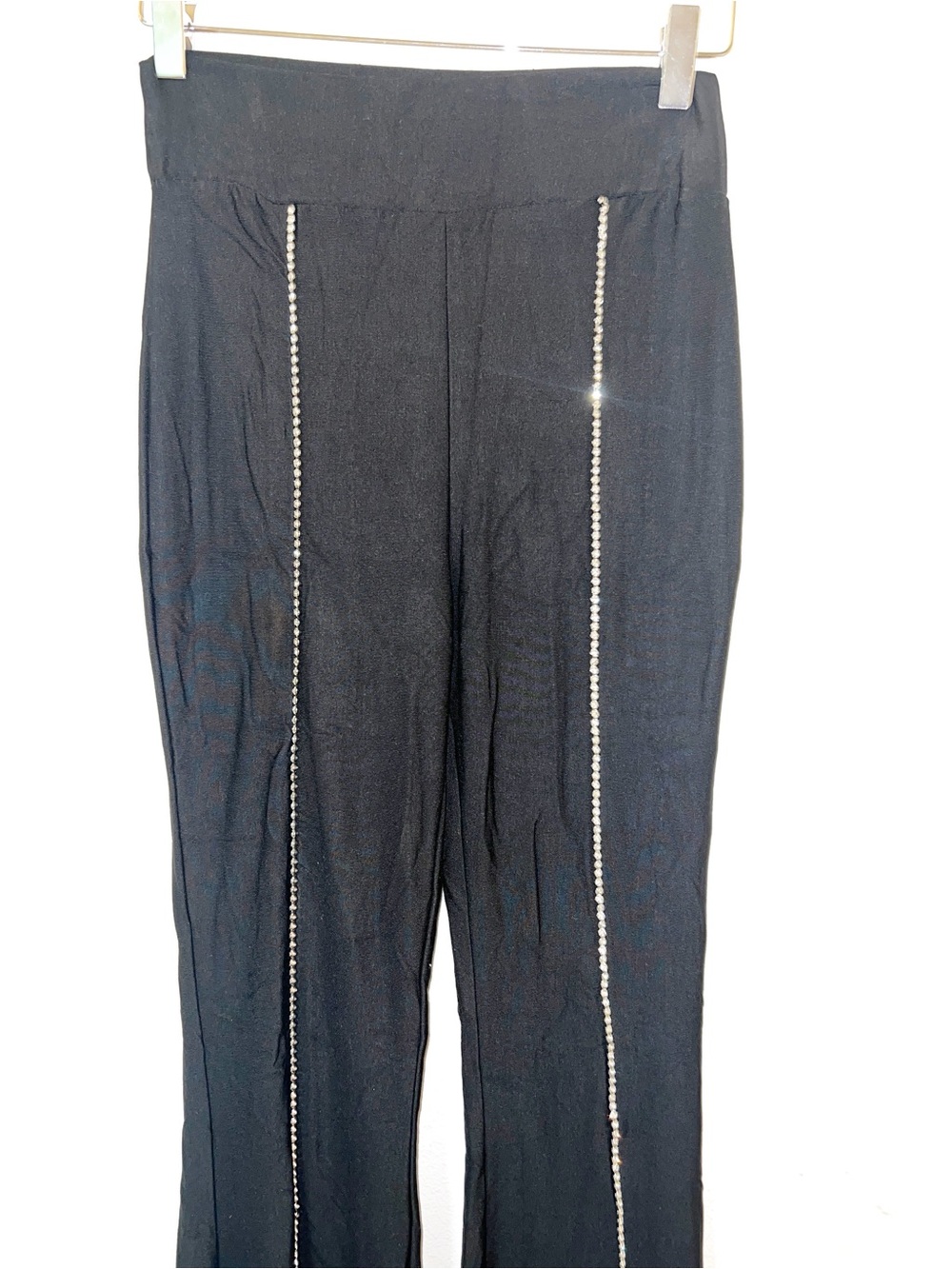 Vocal Black Wide Leg Flare Pull On Pants with Vertical Rhinestone Trim - Picture 2 of 7